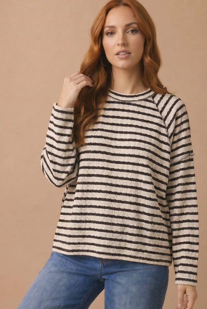 Round Neck Textured Stripe Reverse Stitch Top