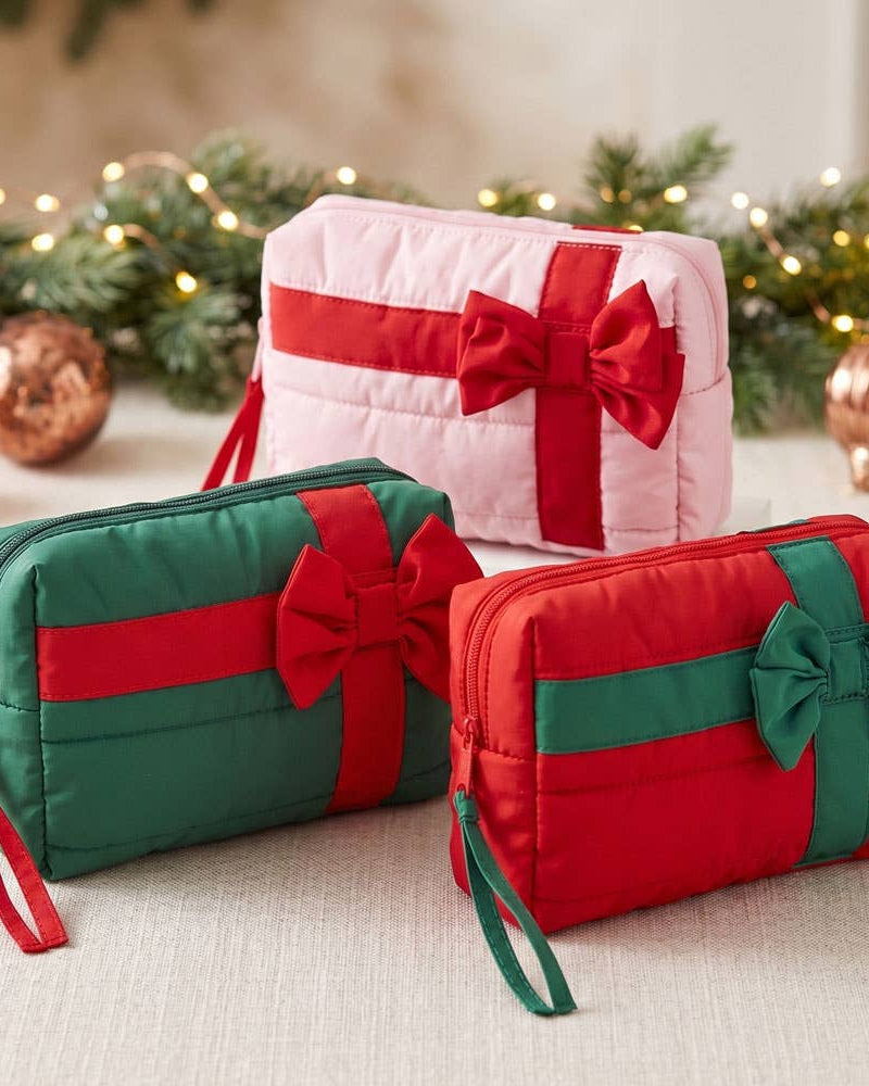 Christmas Gift Bow Quilted Cosmetic Bag