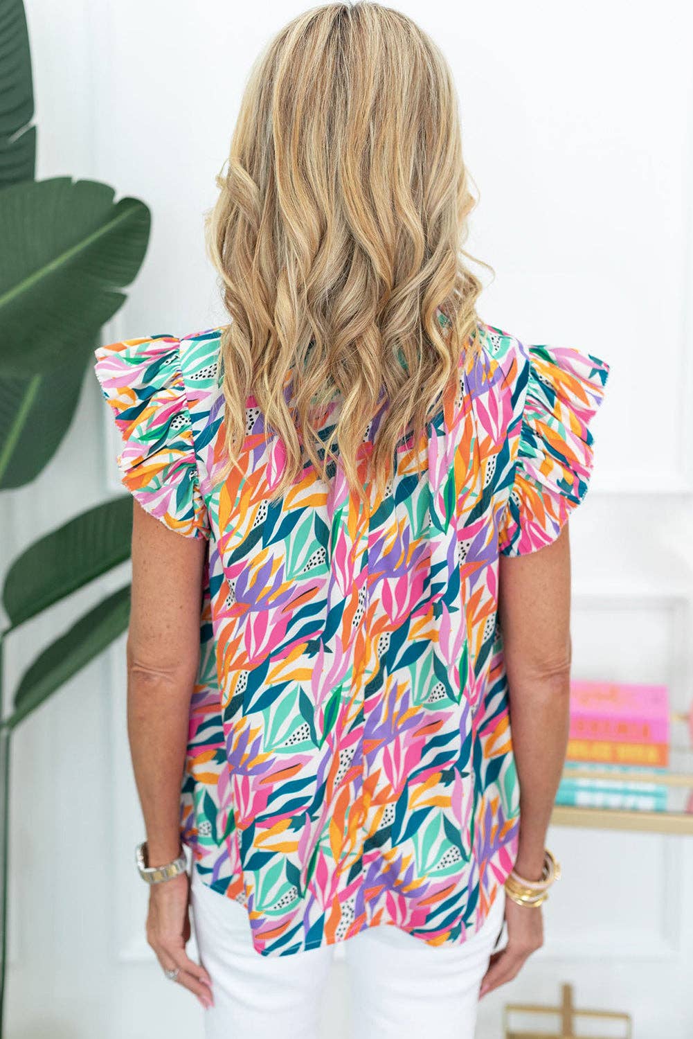 Tropics Print Ruffled Flutter Sleeve Blouse