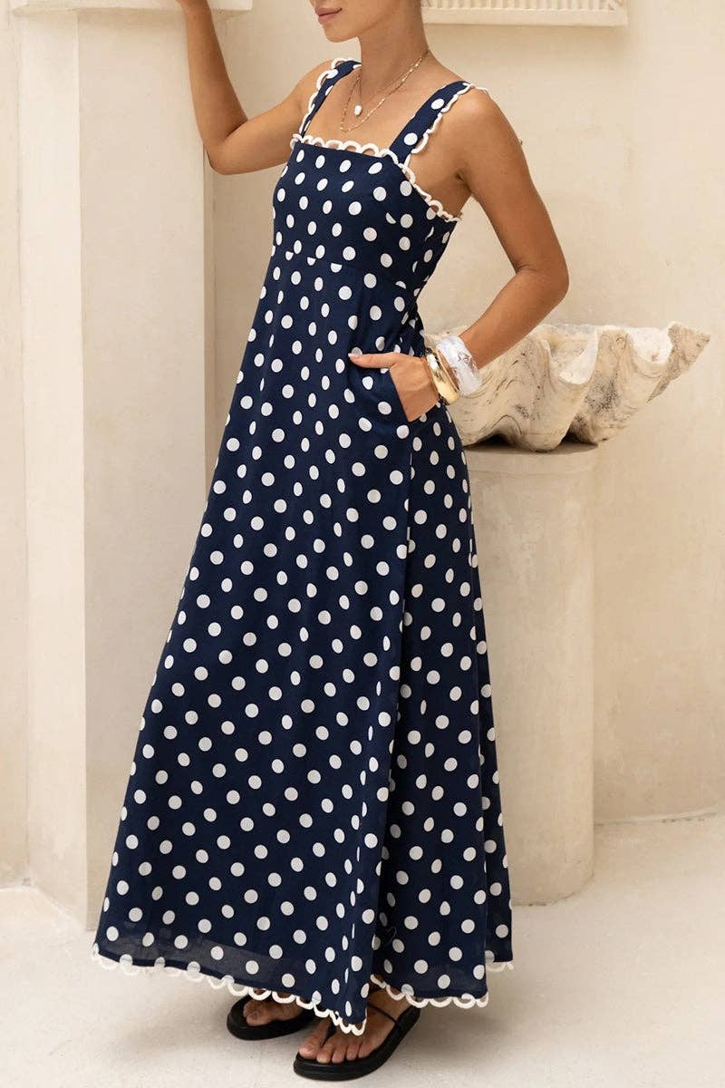 Navy Blue & White Polka Dot Maxi Dress