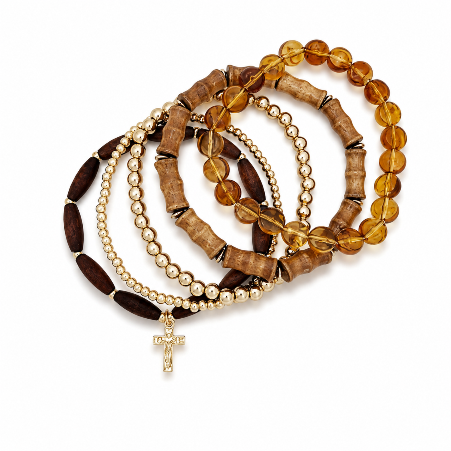 Cross Wood & Bead 5-Piece Stretch Bracelet Stack