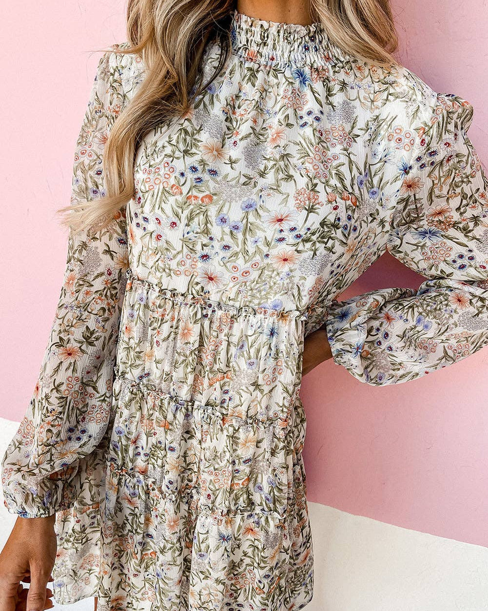 Green Floral Print Tiered Frilled Shirred Mock Neck Mini Dress