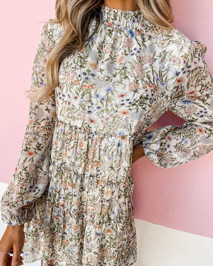 Green Floral Print Tiered Frilled Shirred Mock Neck Mini Dress