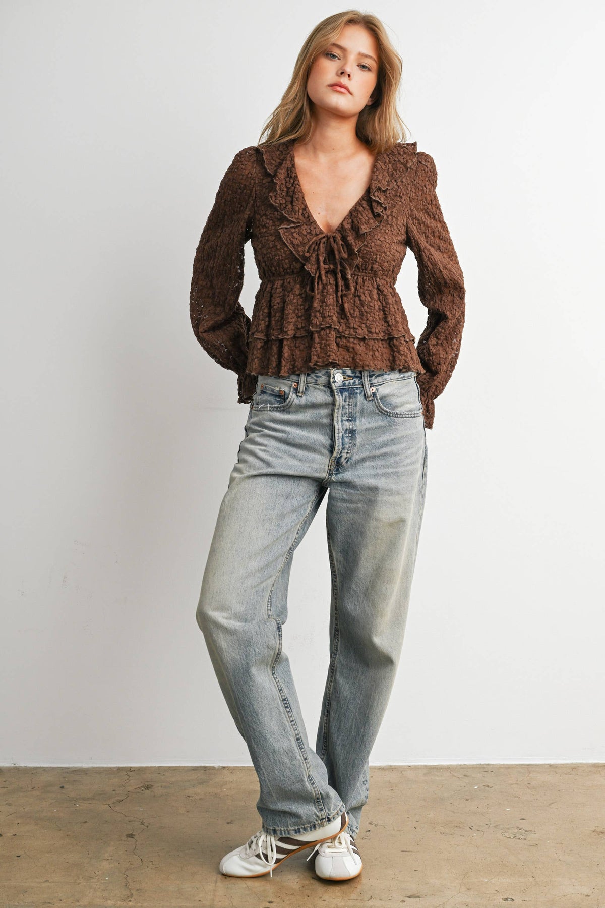 Brown Lace Ruffle Long Sleeve Blouse