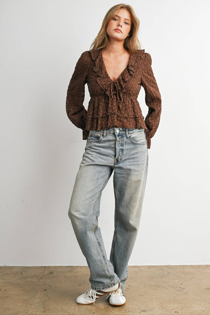 Brown Lace Ruffle Long Sleeve Blouse