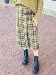 Olive Plaid Wool Wrapped Midi Skirt