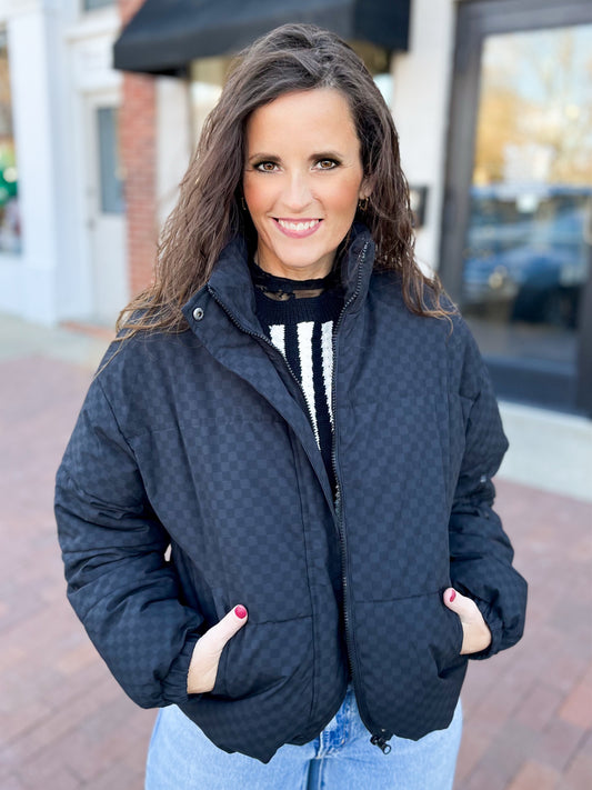 Black Checkered Puffer Coat