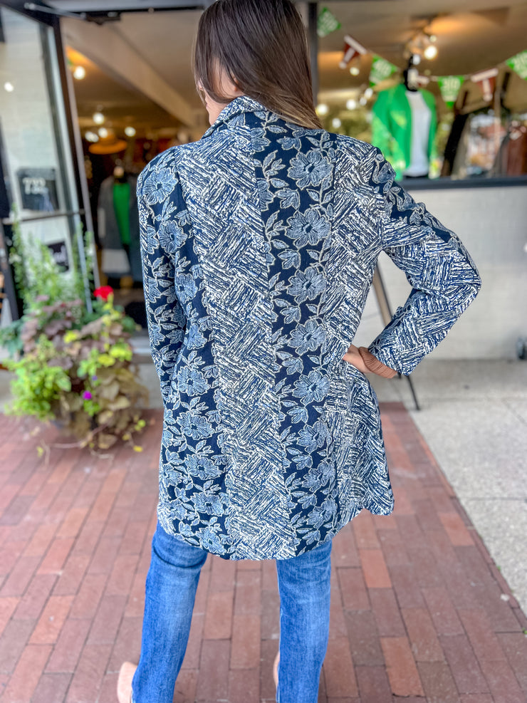 Navy Tapestry Collard Coat