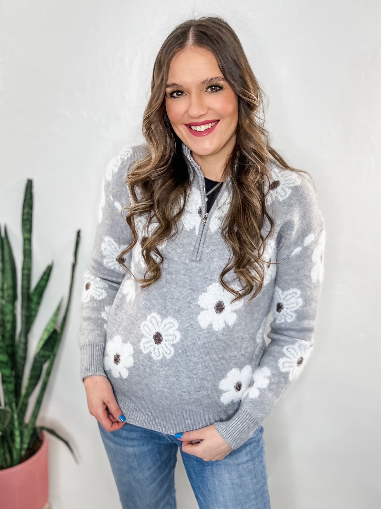 Grey Flower Quarter Zip Sweater