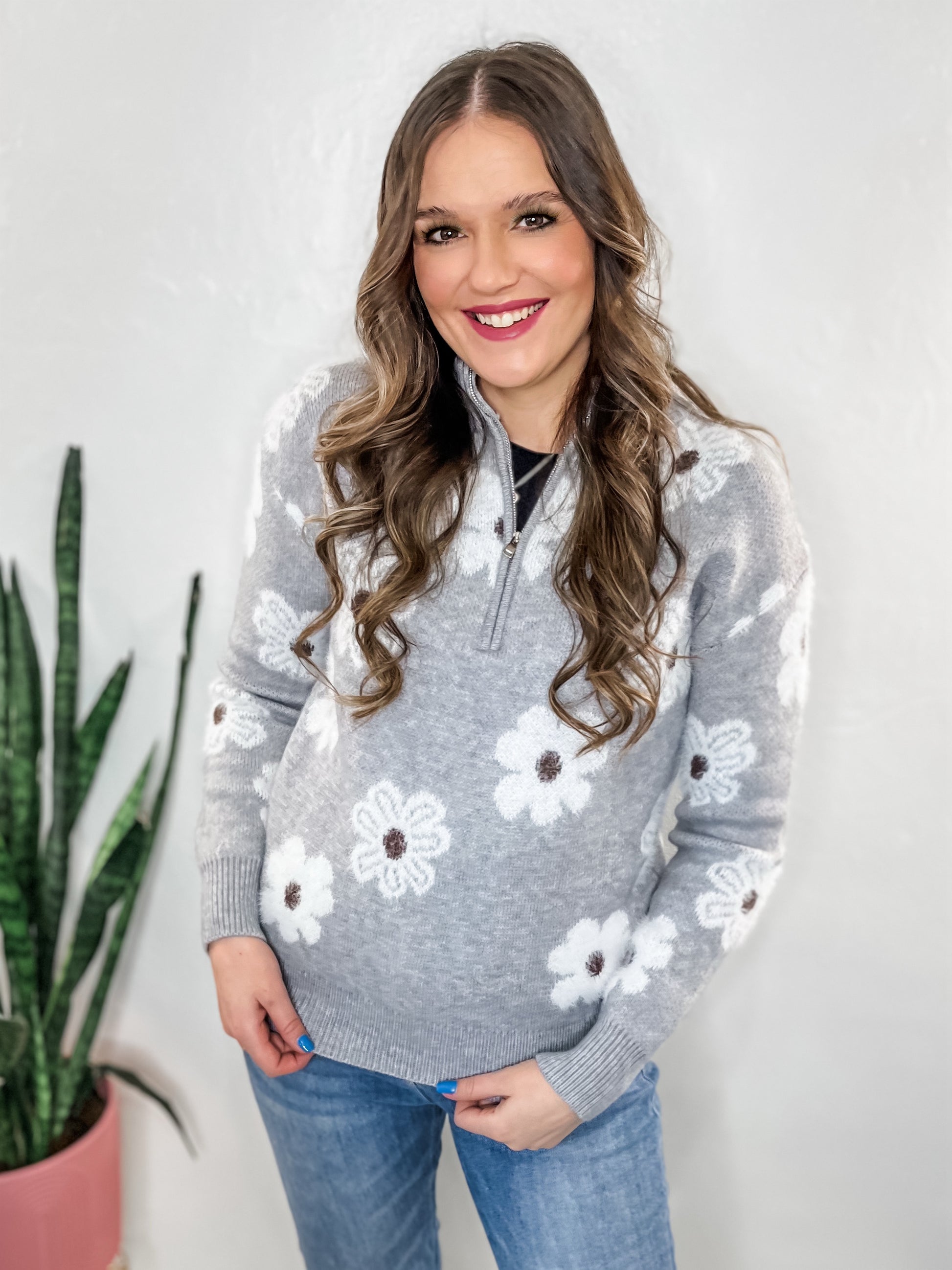 Grey Flower Quarter Zip Sweater