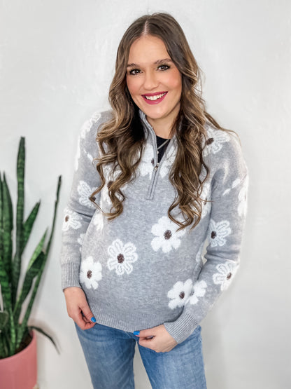 Grey Flower Quarter Zip Sweater