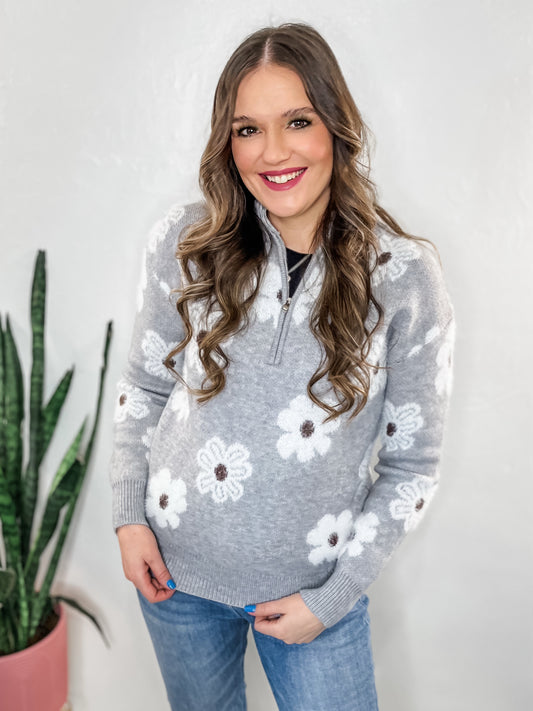 Grey Flower Quarter Zip Sweater