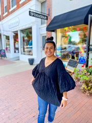Black Crinkle Balloon Sleeve Top