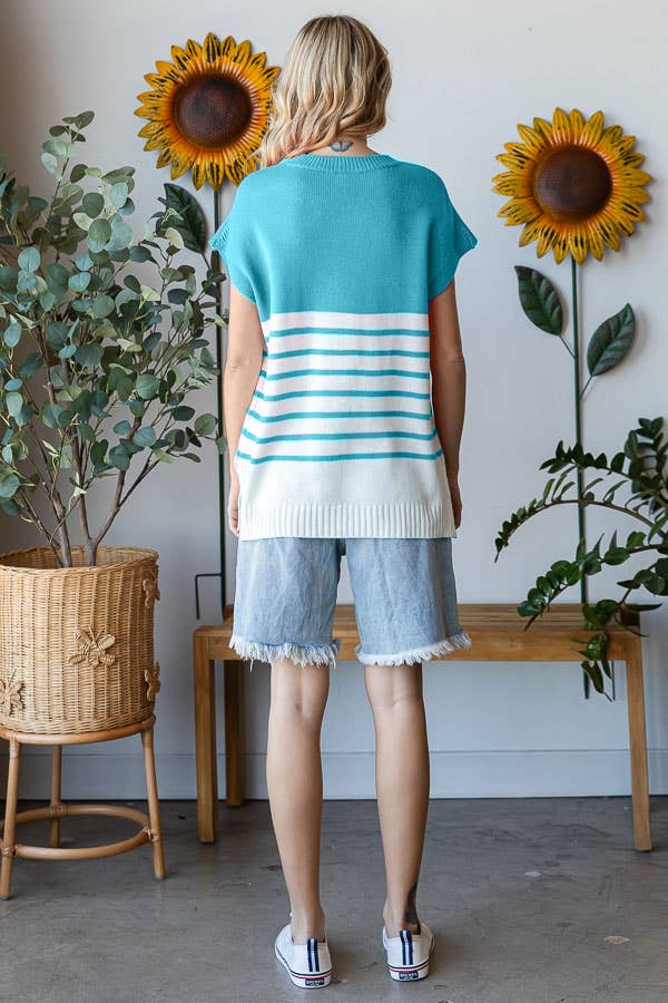 Teal & White Striped Knit Drop Shoulder Top