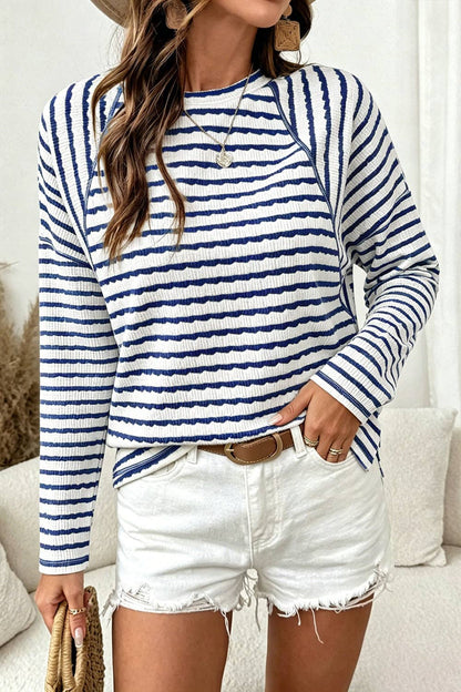 Textured Striped Long Sleeve Pullover