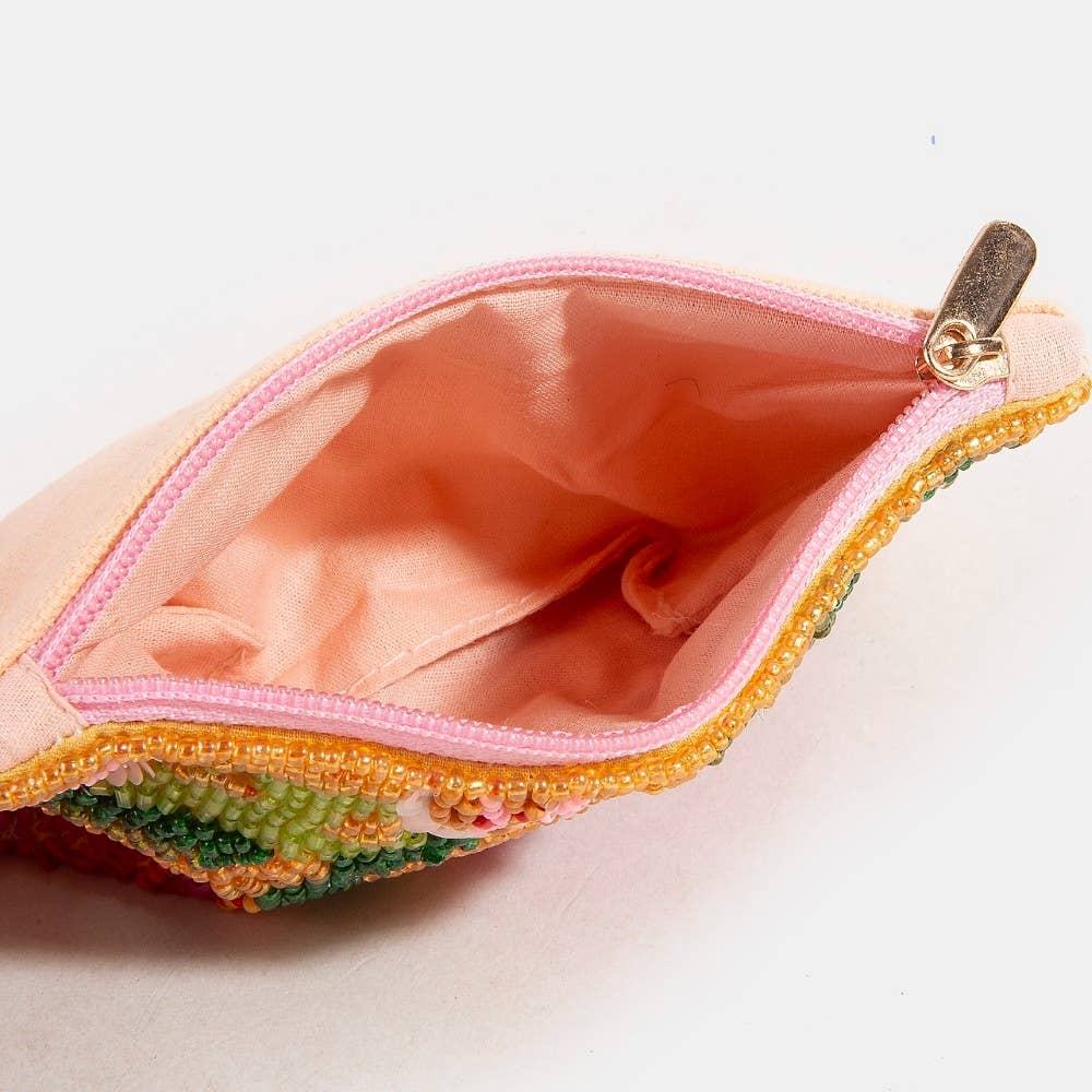 Floral Sequin And Seed Beaded Coin Purse