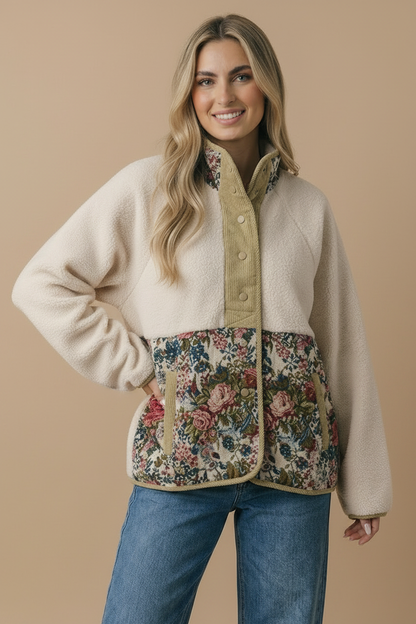 High Neck Snap Button Sherpa Floral Jacket