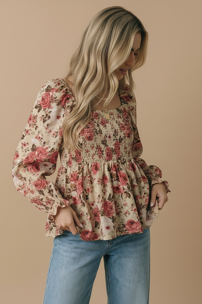 V Neck Floral Babydoll Smocking Fit Top
