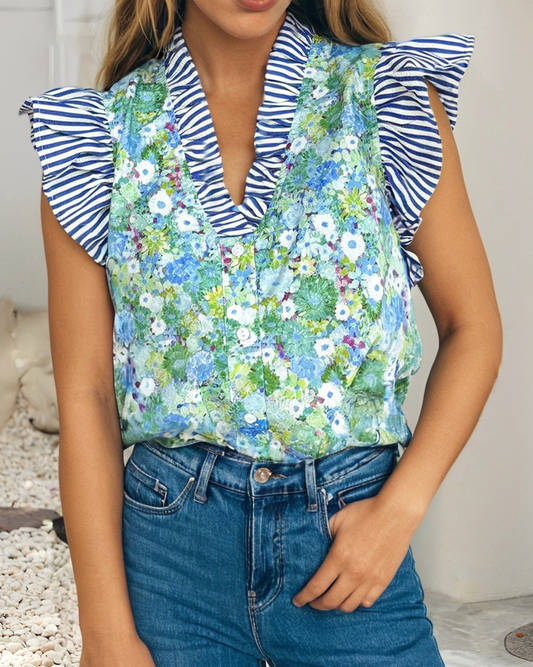 Floral Striped Patchwork Flutter Sleeve V Neck Blouse