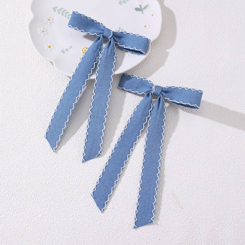 Contrast trim Vintage Denim Ribbon Bow Hair clips- 2PC