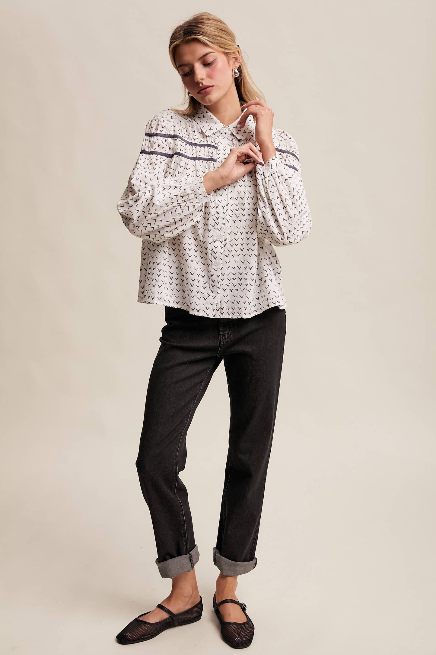 Lavender Grey Pintuck Puff Sleeve Blouse