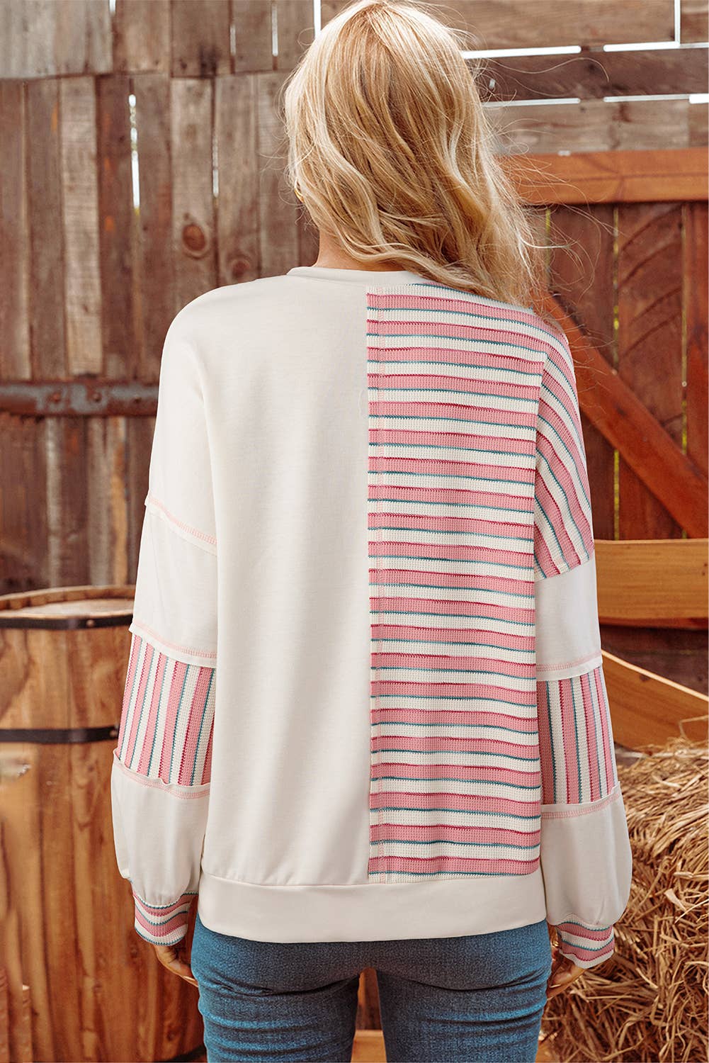 Stripe Stitch Detail Color Block Patched Oversized Top
