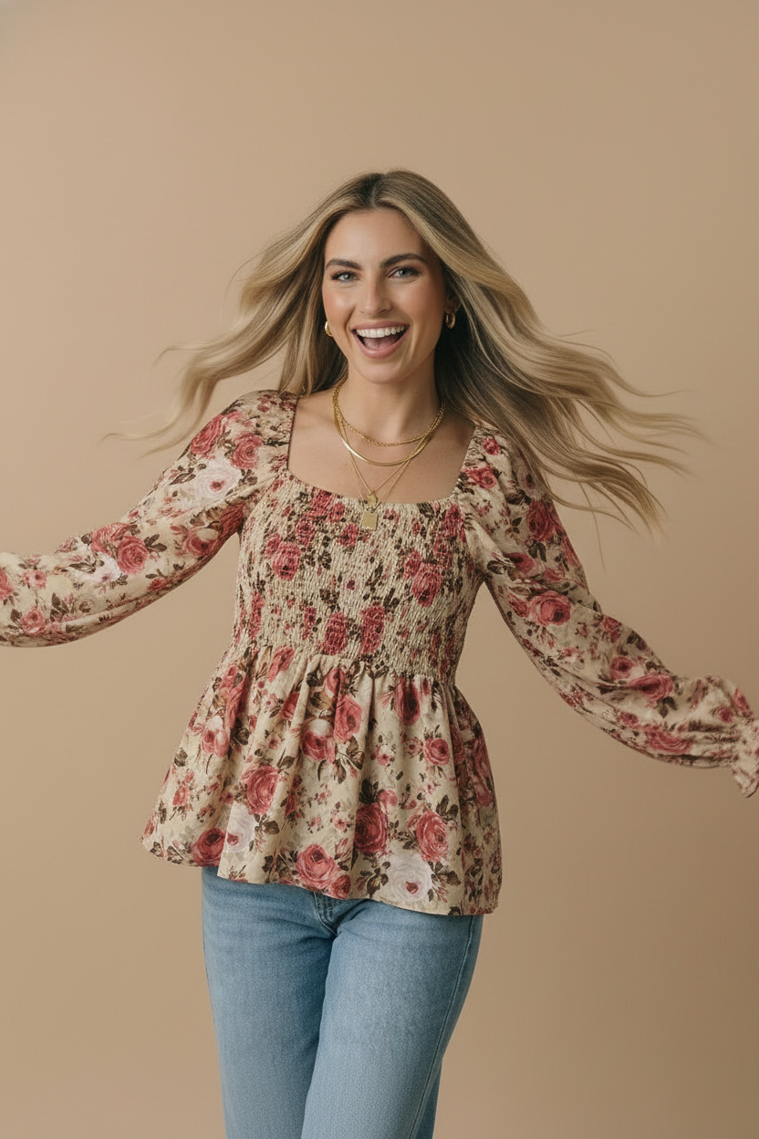 V Neck Floral Babydoll Smocking Fit Top