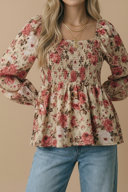 V Neck Floral Babydoll Smocking Fit Top