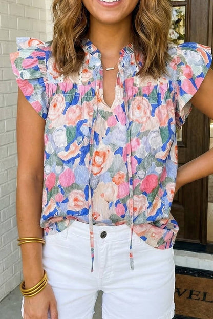 Floral RicRac Cutout Short Sleeve Blouse