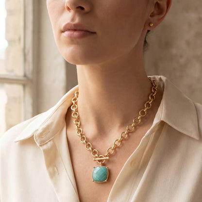 Square Stone Pendant Toggle Chain Necklace