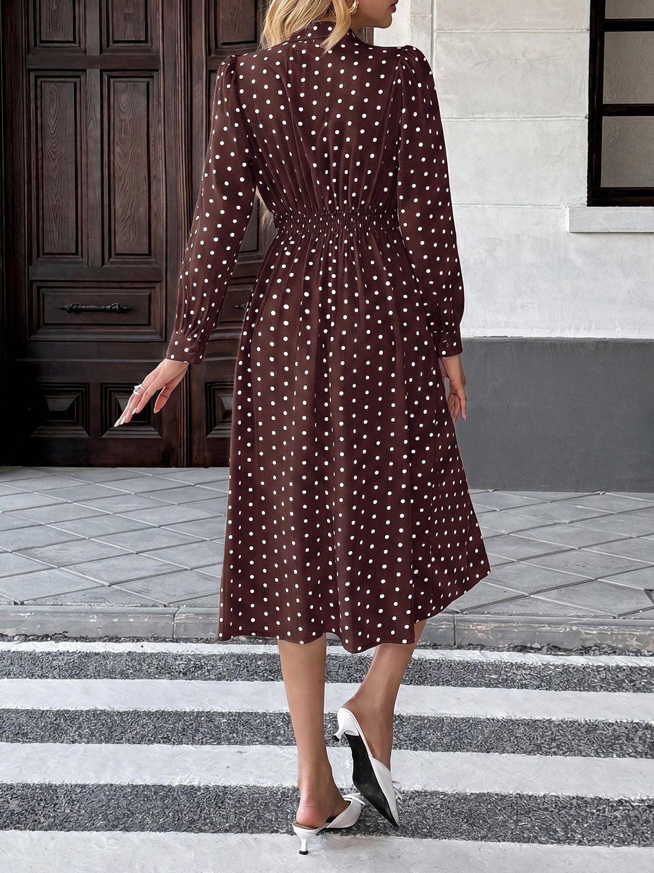 Polka Dot Bow Tie Neck Dress Long Sleeve Vintage Midi