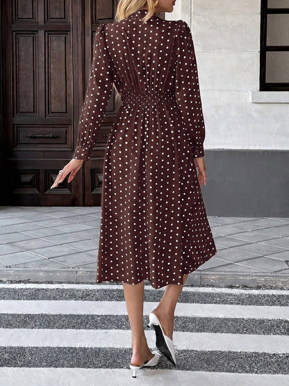 Polka Dot Bow Tie Neck Dress Long Sleeve Vintage Midi