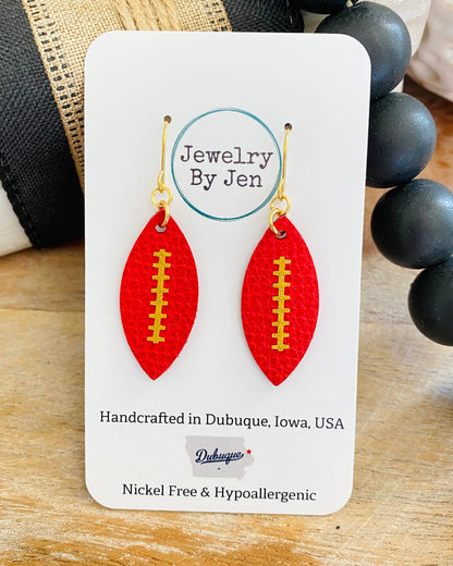 Red w/Gold Stitches Football Earrings