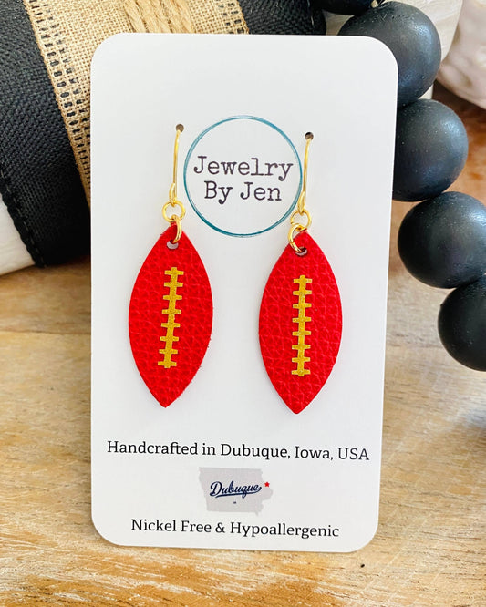 Red w/Gold Stitches Football Earrings