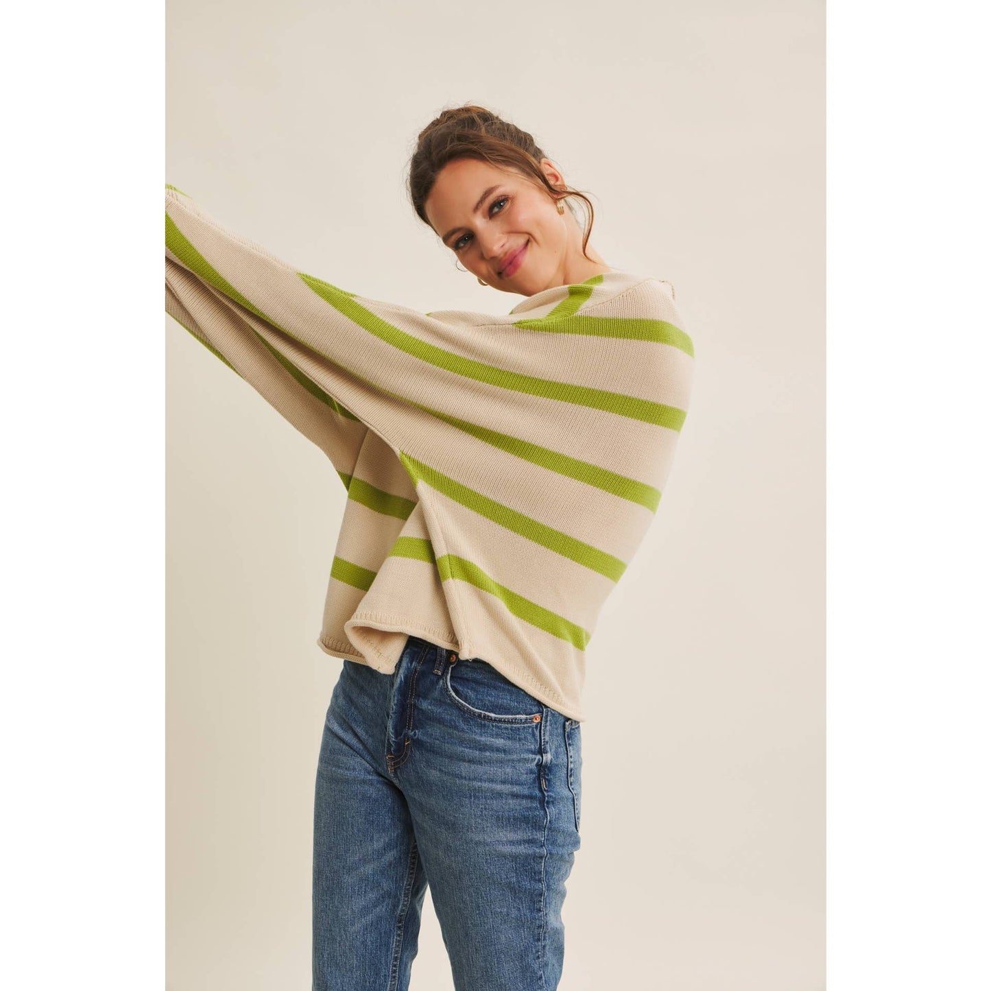 Apple Green Striped Dolman Sleeve Sweater