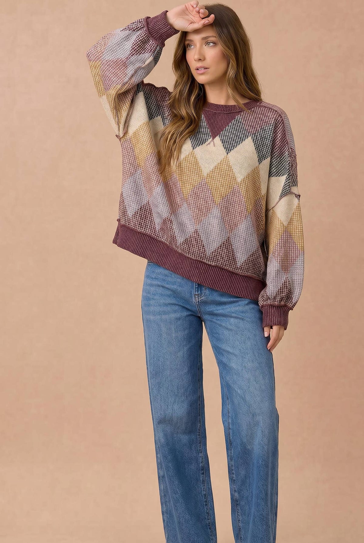 Argyle Waffle Wave Rib Banded Hem Pullover