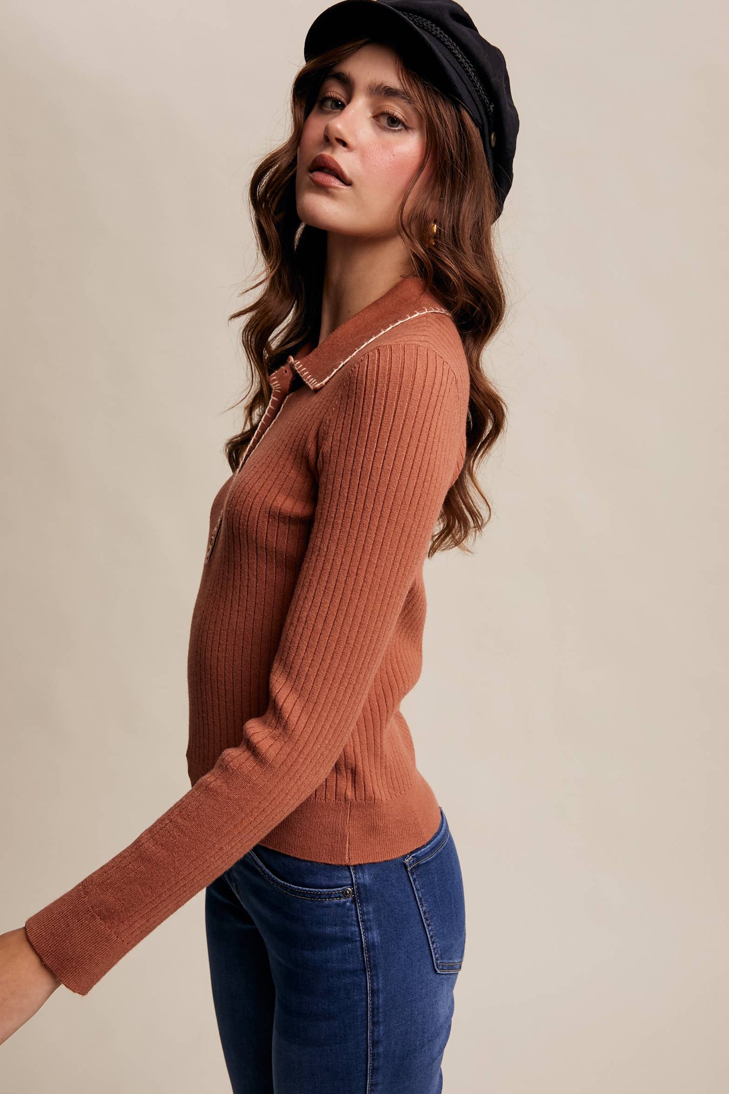 Contrast Stitch Ribbed Knit Top