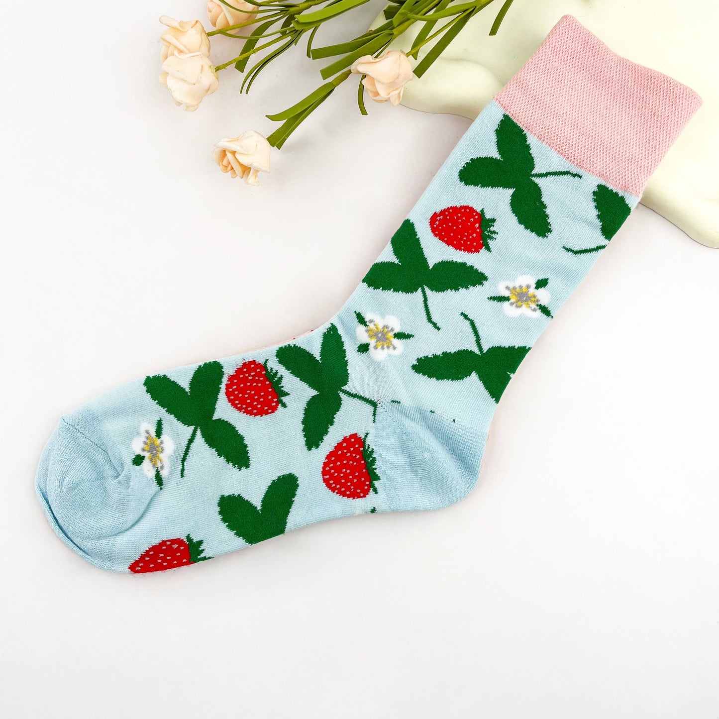 Strawberry Blossom Mismatched Double-Sided Mid-Crew Socks