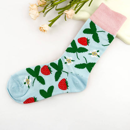 Strawberry Blossom Mismatched Double-Sided Mid-Crew Socks