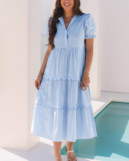 Sky Blue Stripe Bubble Short Sleeve Tiered Scallop Long Dress