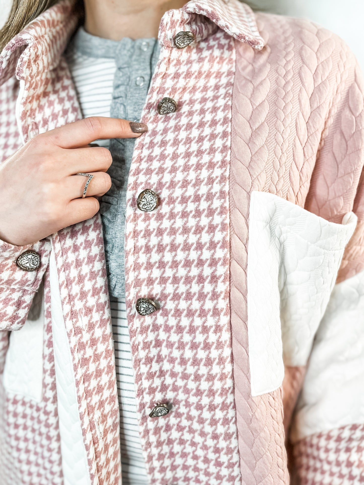 Pink Houndstooth Patchwork Shacket