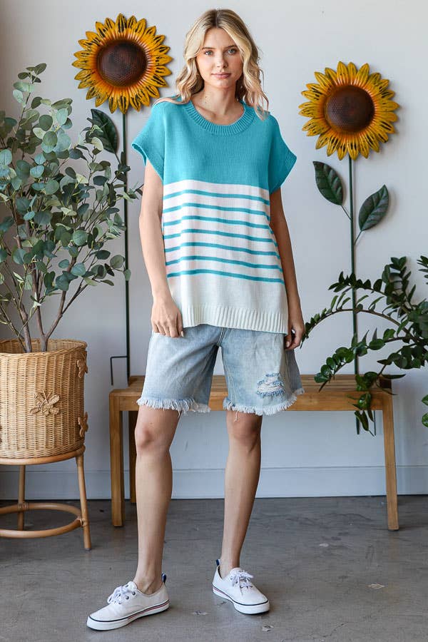 Teal & White Striped Knit Drop Shoulder Top