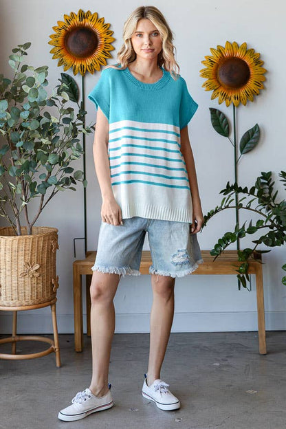 Teal & White Striped Knit Drop Shoulder Top