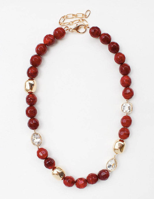 Maroon, Cream, and Gold Natural Stone Beaded Necklace
