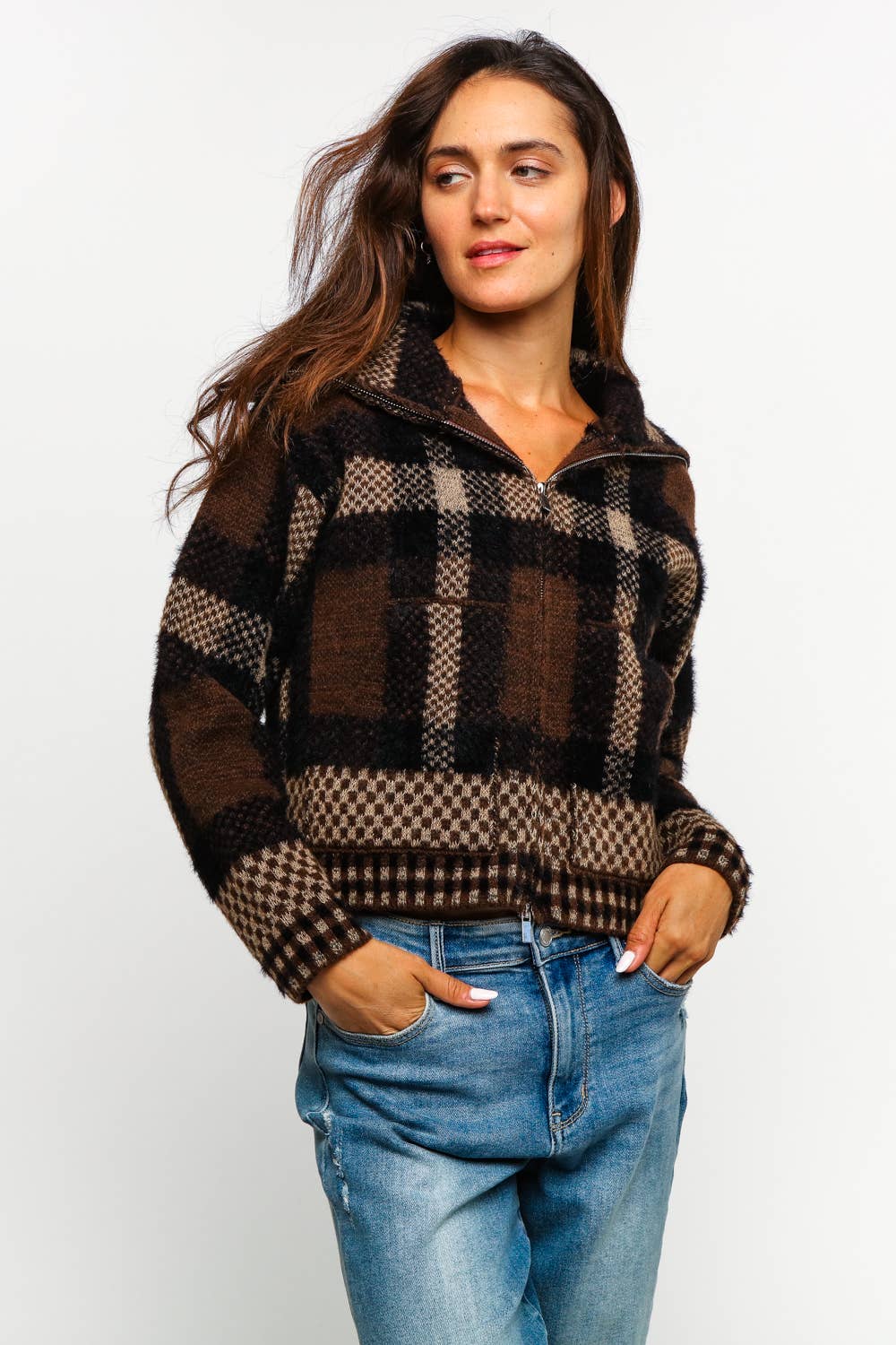 High Neck Zipper Neck Long Sleeve Plaid Cardigan