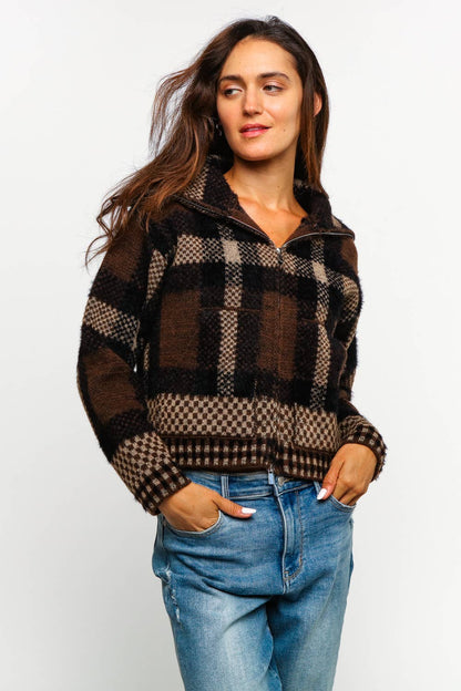 High Neck Zipper Neck Long Sleeve Plaid Cardigan