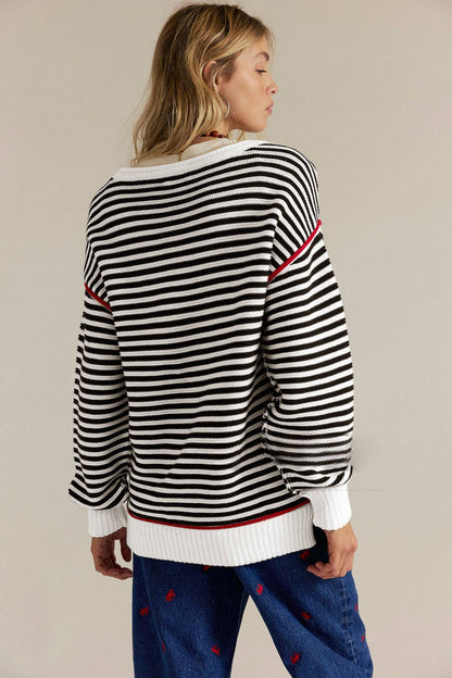 Black &White Striped Crewneck Knit Sweater