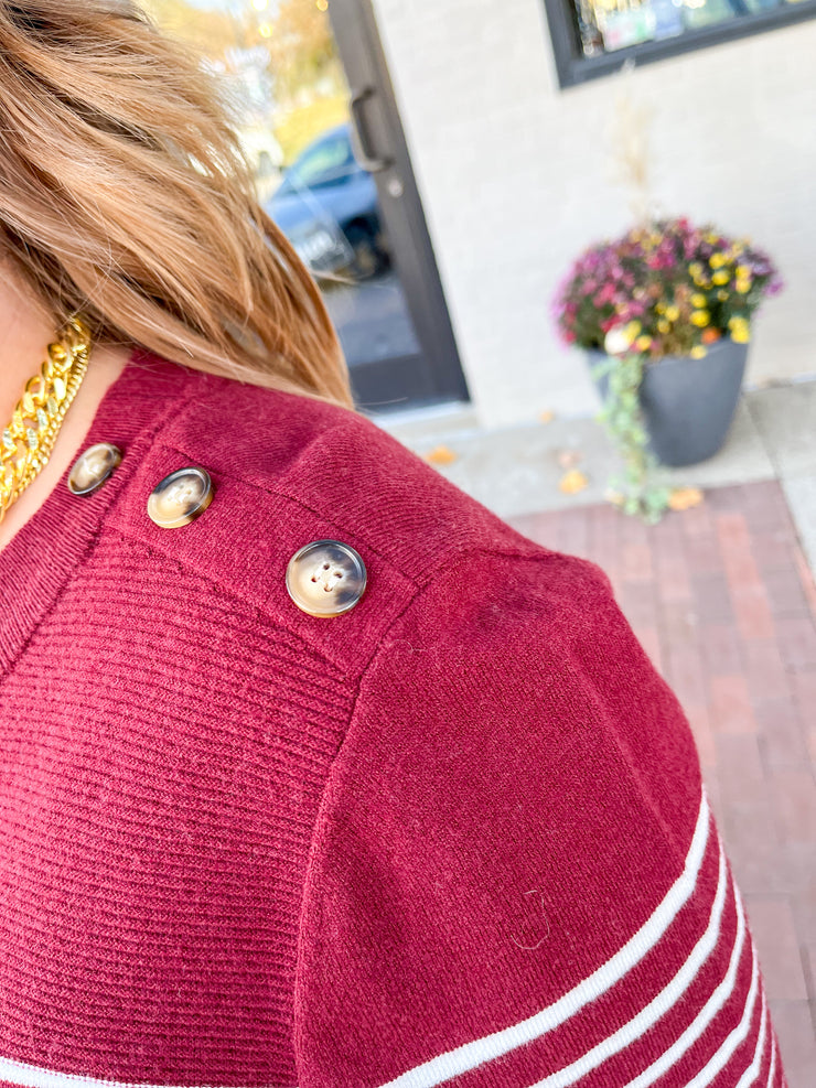 Burgundy Stripe Button Shoulder Sweater