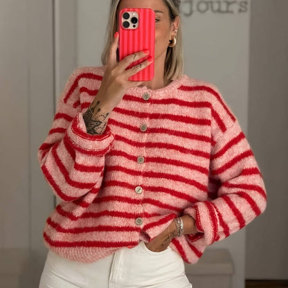Striped Button Front Oversized Knit Cardigan