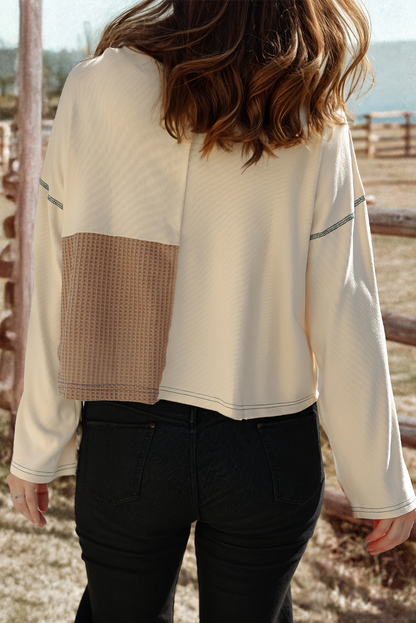 Neutrals Colorblock Waffle Knit Stitch Long Sleeve Top